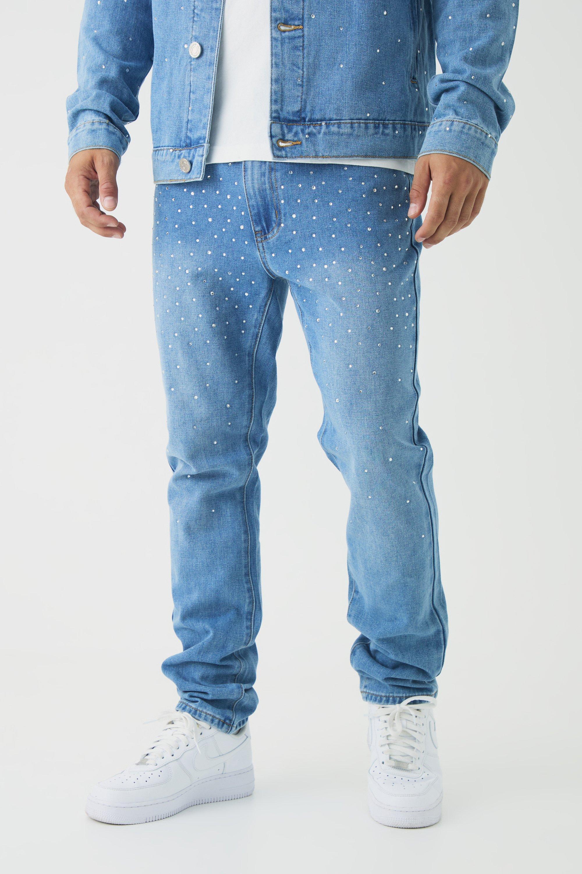 Tapered Rigid Rhinestone Jeans | boohooMAN USA Product Image