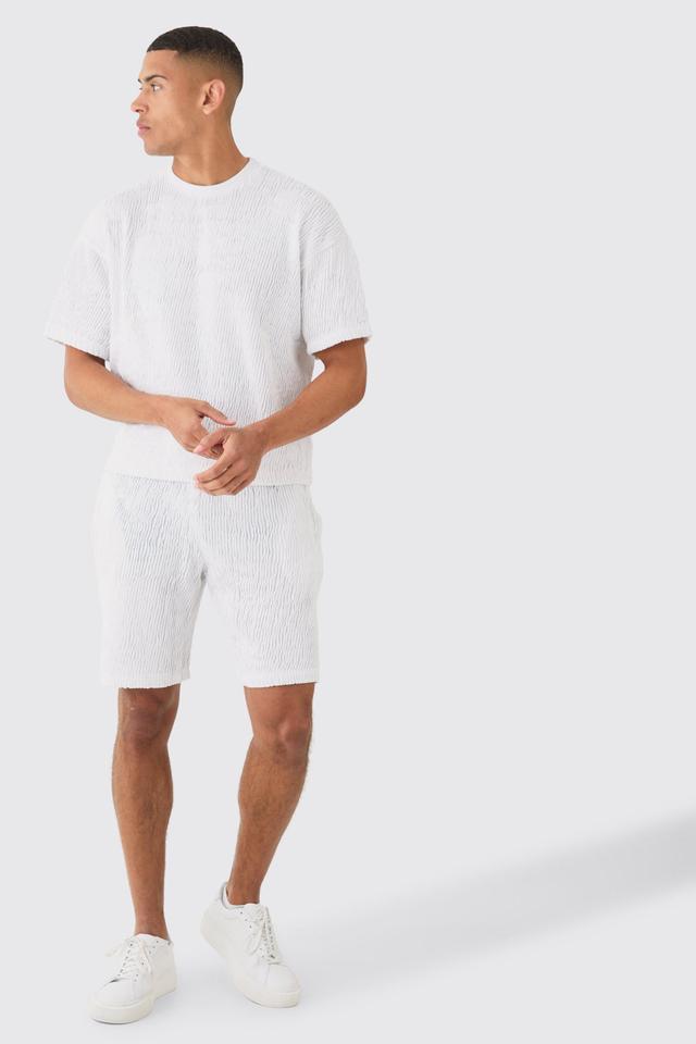 Mens White Boxy Ripple Pleated T-shirt And Short, White Product Image