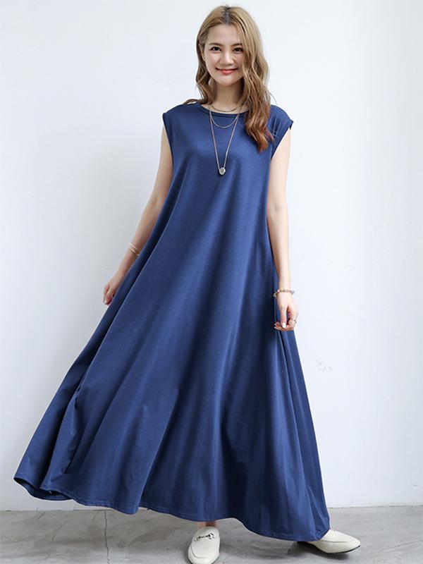 Simple Loose Sleeveless Solid Color Round-Neck Maxi Dresses Product Image