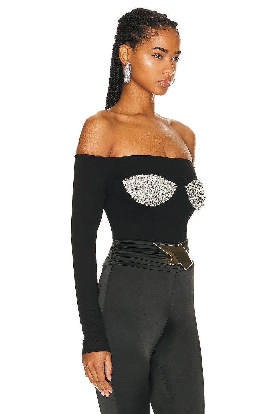 AREA Off Shoulder Crystal Cup Bustier Top Black. (also in ). Product Image