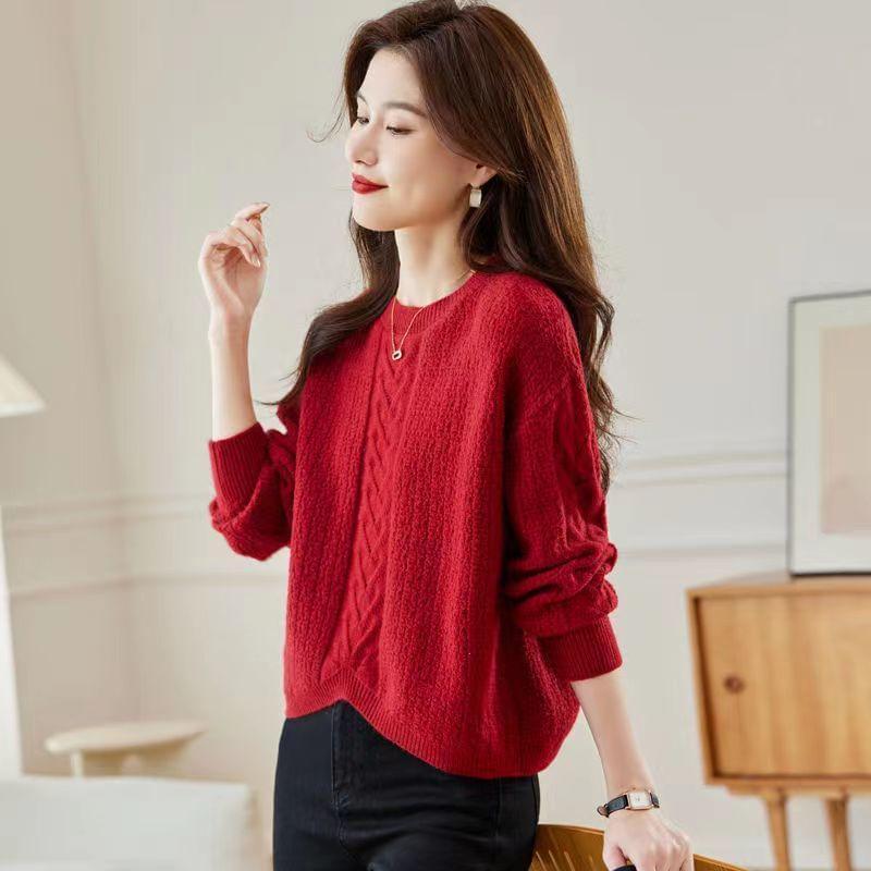 Crew Neck Plain Pointelle Knit Sweater Product Image