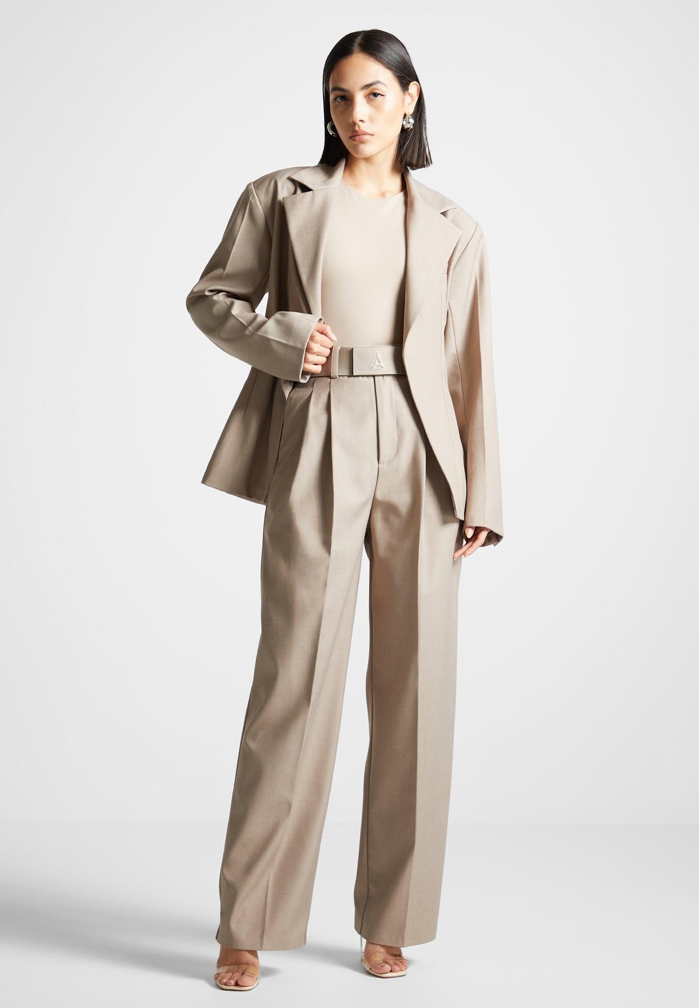 Tailored Pleated Trousers with Eiffel Belt - Taupe Female Product Image