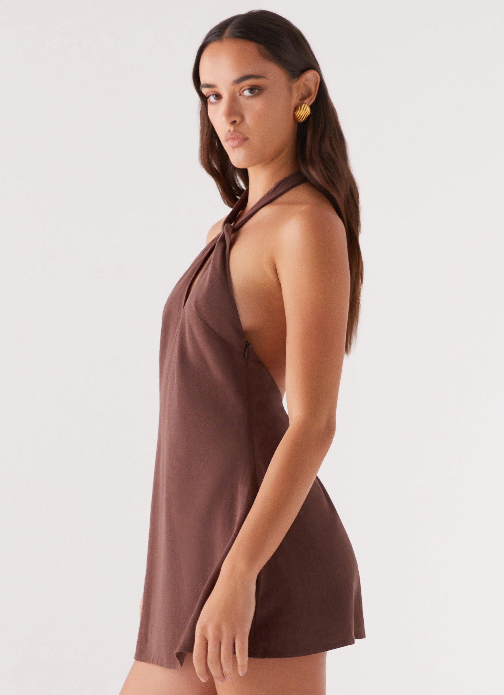 Counting Stars Linen Halterneck Dress - Chocolate Product Image