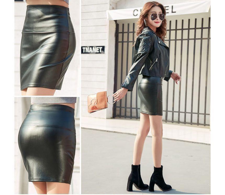 High Rise Plain Faux Leather Mini Pencil Skirt Product Image