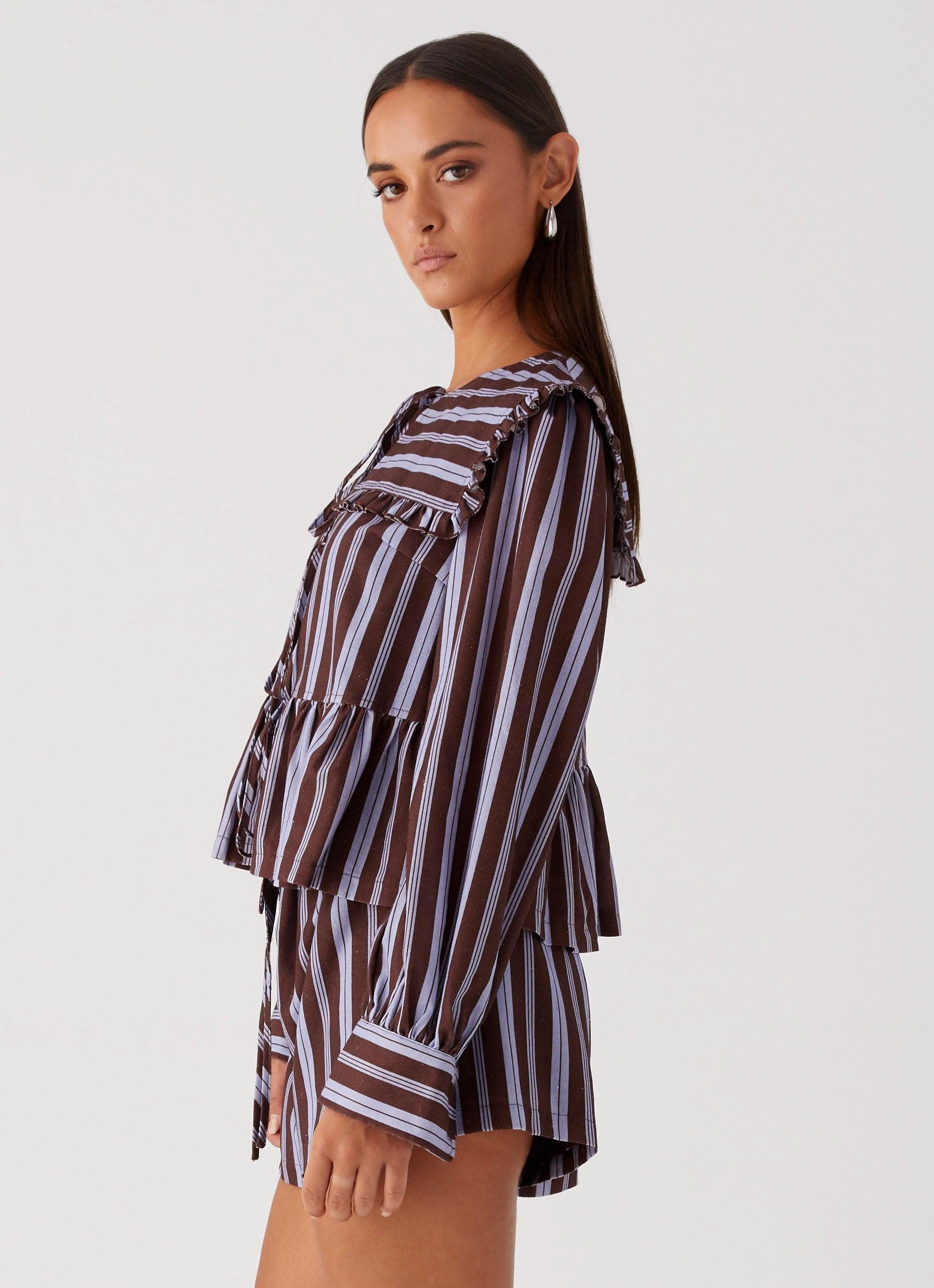 Emerson Tie Front Long Sleeve Top - Purple Brown Stripe Product Image