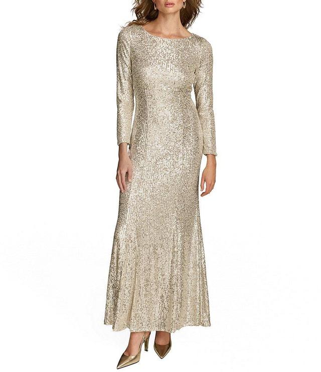 Donna Karan All Over Sequin Round Neck Long Sleeve Sheath Gown Product Image