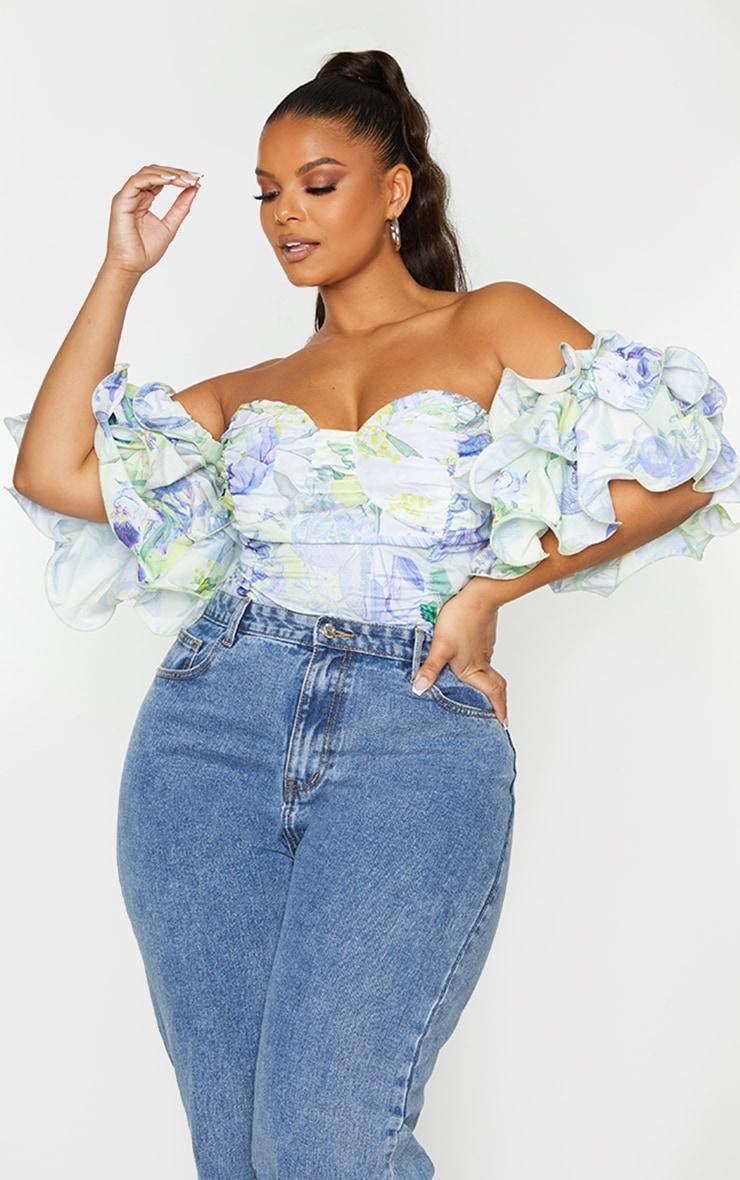 Plus White Floral Ruffle Puff Sleeve Bardot Crop Top Product Image