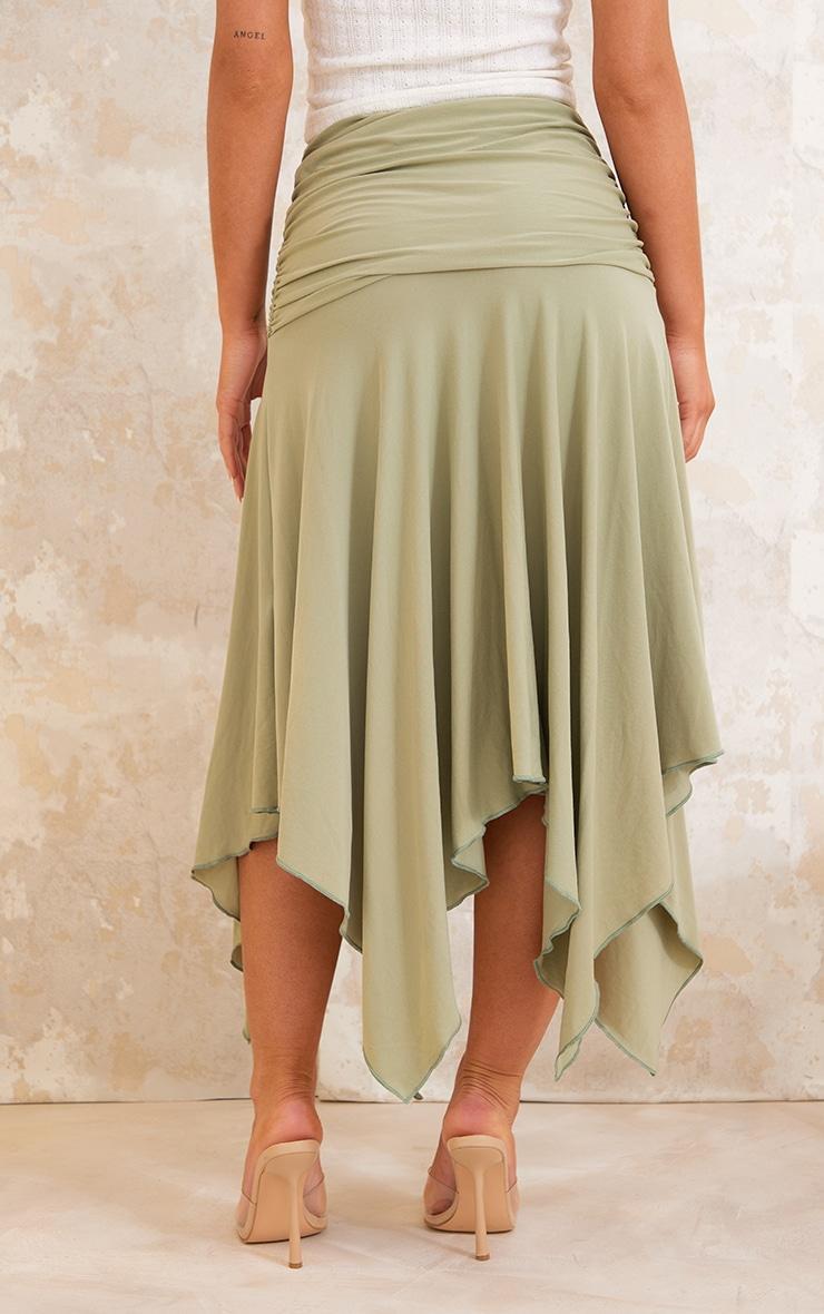 Sage Green Soft Touch Ruched Asymmetric Midi Skirt Product Image