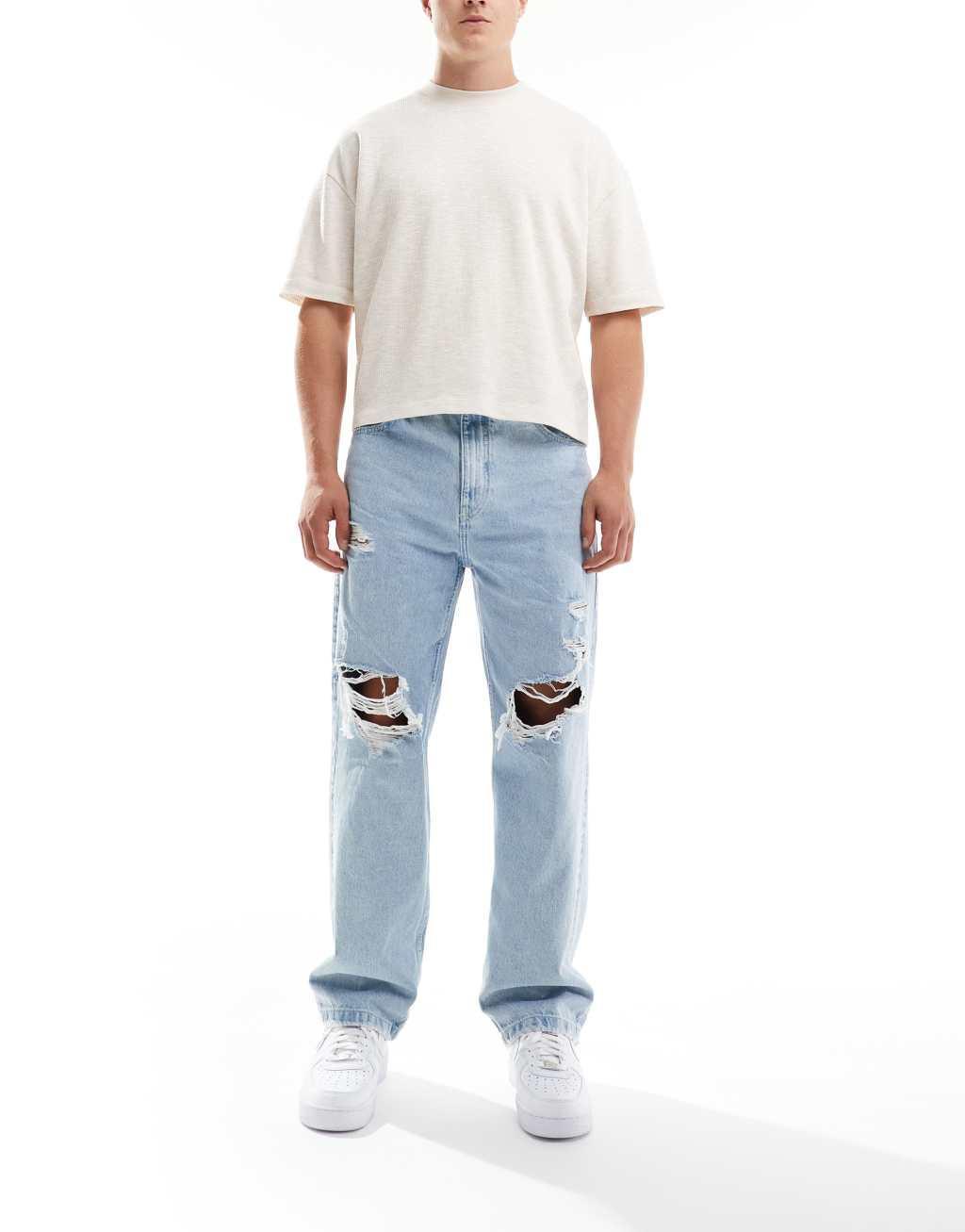 Pull&Bear ripped baggy jeans in mid blue Product Image