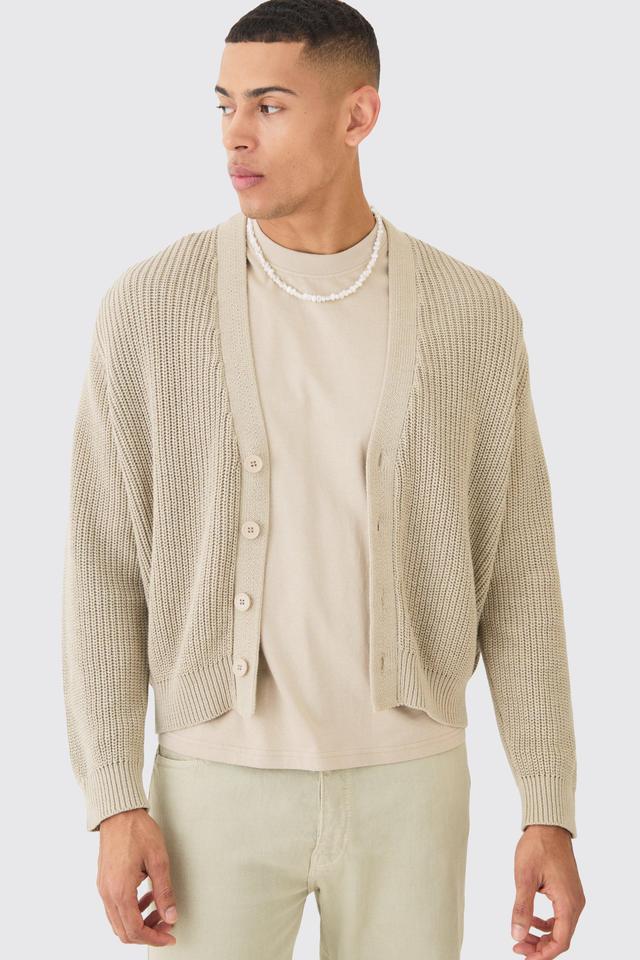 Mens Beige Boxy Fit Ribbed Fisherman Knit Cardigan, Beige Product Image