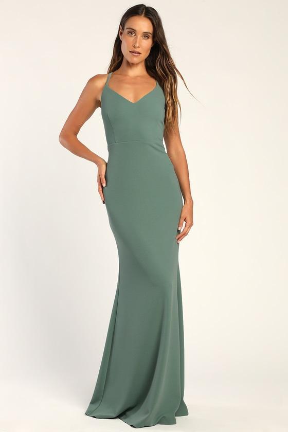 Moments Of Bliss Dusty Seafoam Backless Mermaid Maxi Dress Product Image