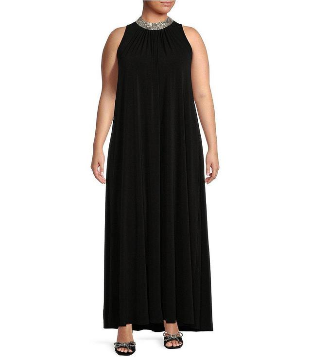 Marina Plus Size Sleeveless Rhinestone Mock Neck Trapeze Gown Product Image