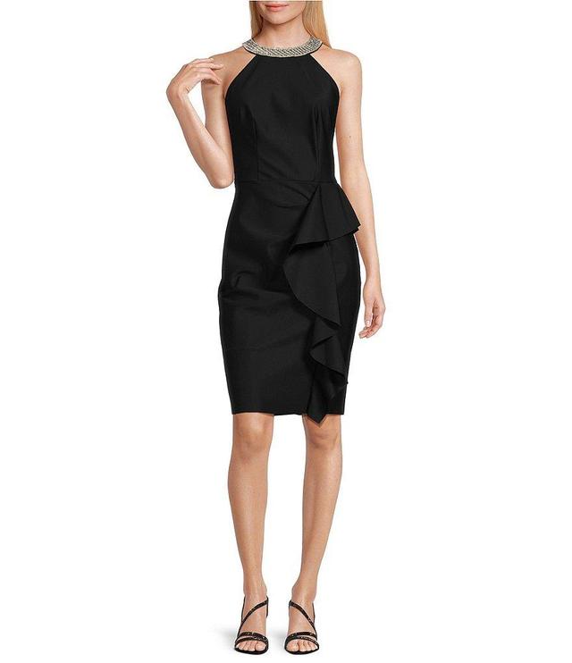 Alex Evenings Sleeveless Embellished Halter Neck Cascade Ruffle Sheath Dress Product Image