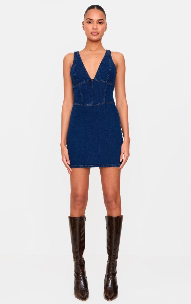 Indigo Plunge Corset Style Denim Mini Dress Product Image