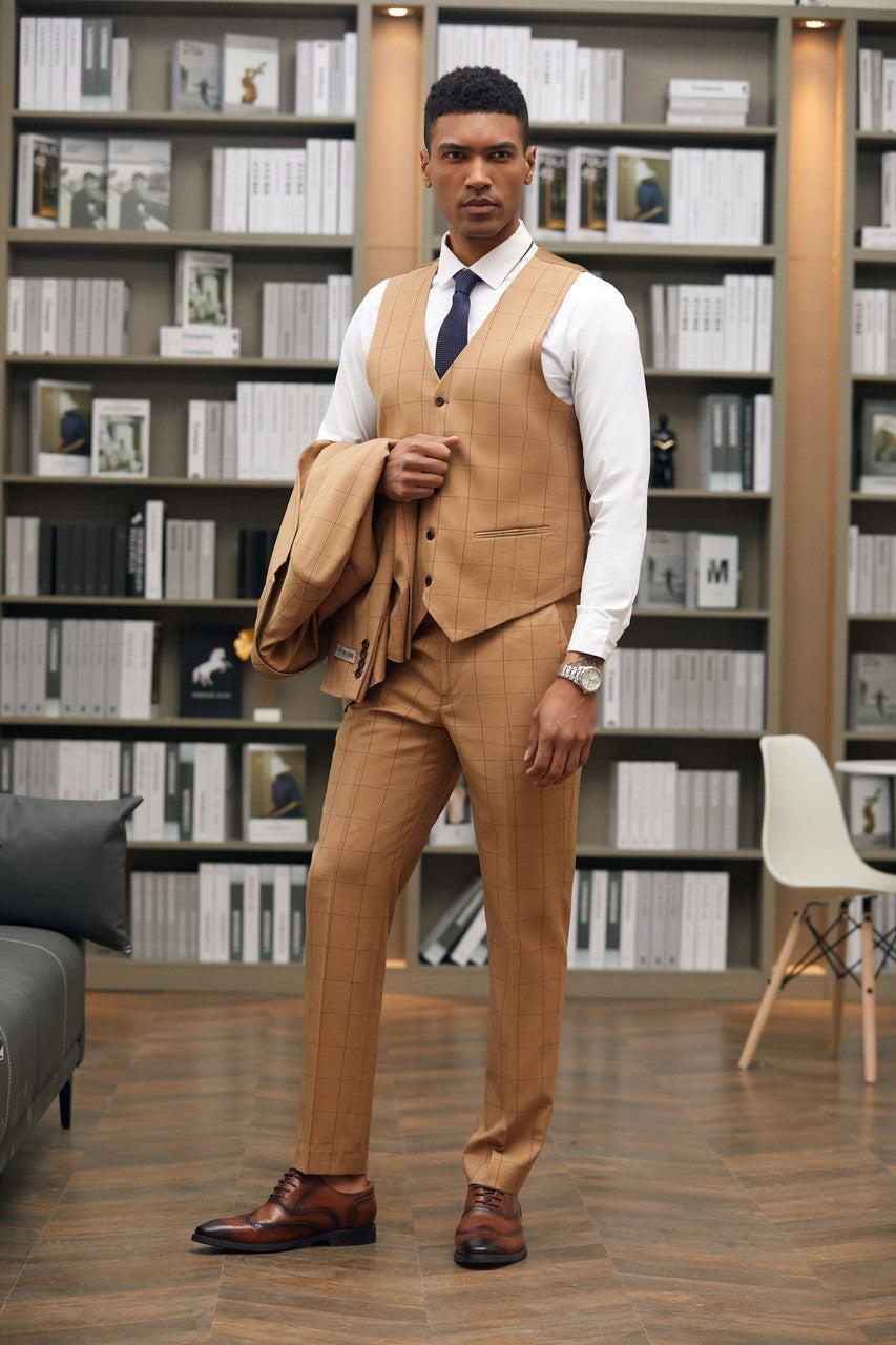 Stacy Adams 3 Piece Suit 2 Buttons Windowpane Hybrid Fit In Rust with Adjustable Waistband Product Image