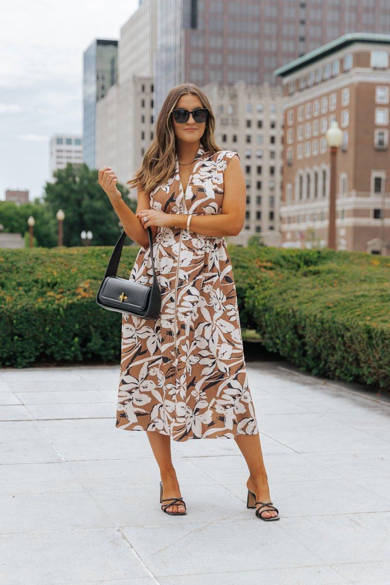 Brown Floral Zip Up Midi Dress Product Image