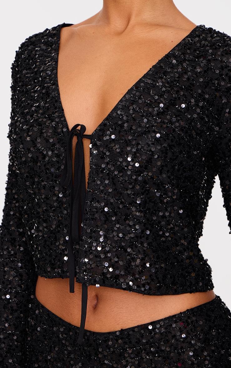 Black Textured Sequin Tie Top Product Image