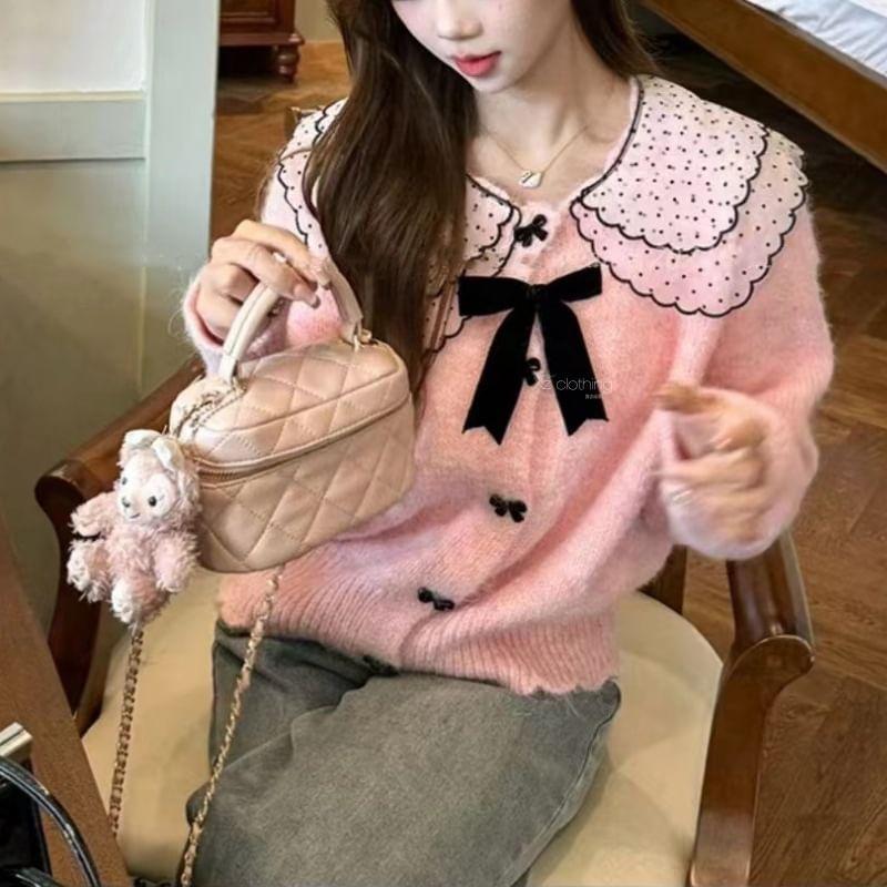 Long Sleeve Doll Collar Bow Accent Loose-Fit Cardigan Product Image