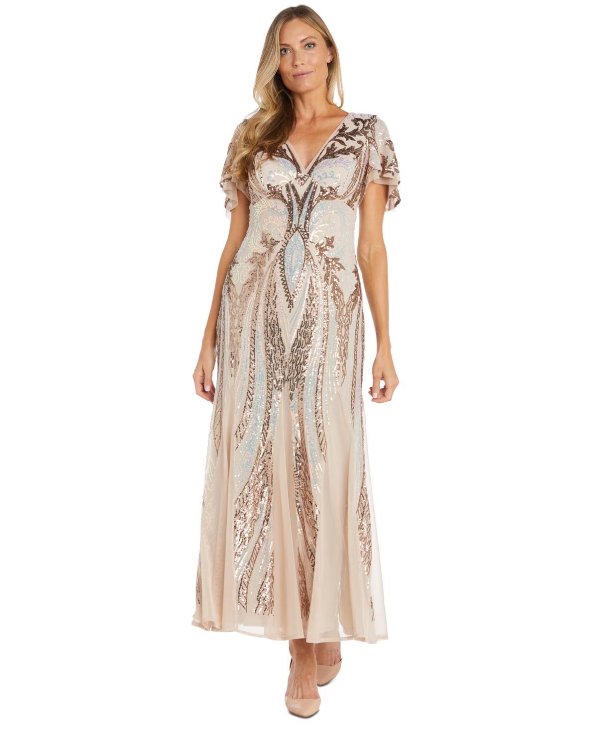 R & M Richards Womens Sequin Embellished Flutter-Sleeve V-Neck Gown Product Image