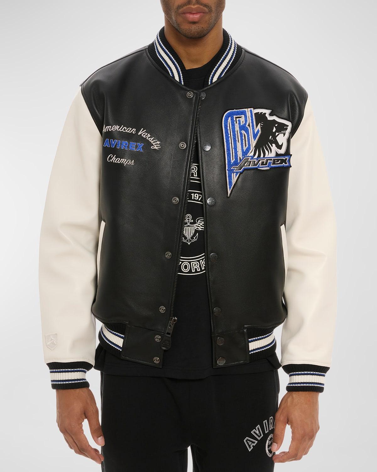 Mens Black Lions Leather Varsity Bomber Jacket Product Image