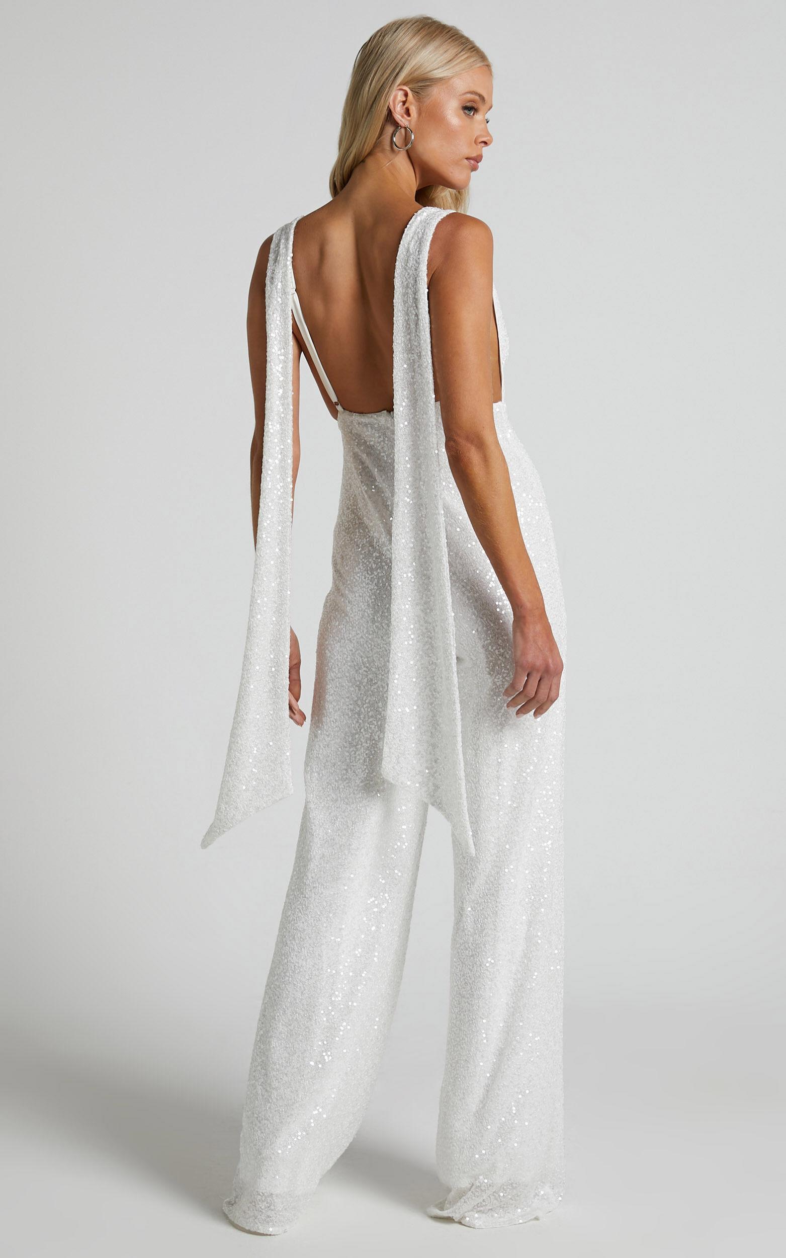 Malisha Jumpsuit - Cowl Neck Backless Jumpsuit in White Sequin Product Image