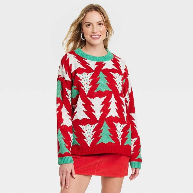 Womens Christmas Tree Print Oversized Festive Graphic Sweater - Red Product Image