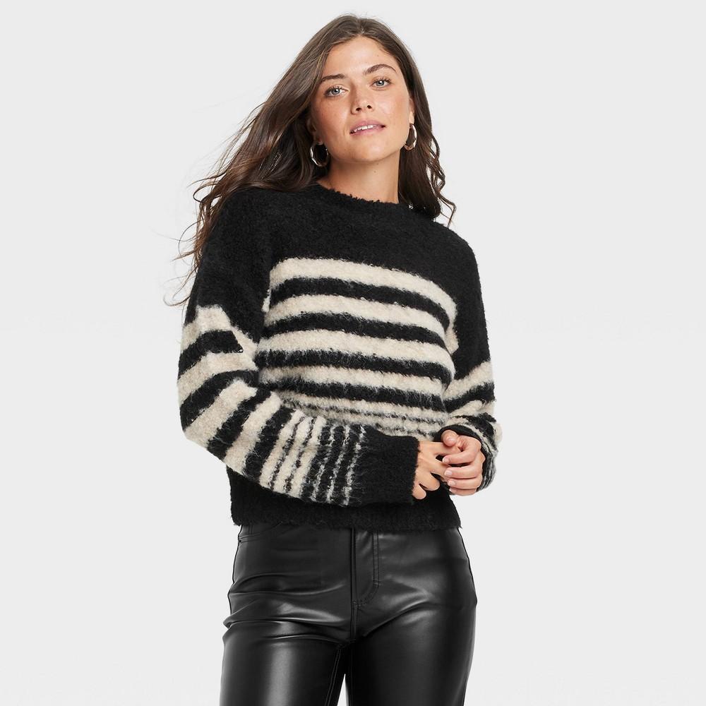 Womens Boucle Crewneck Pullover Sweater - Universal Thread Black/Cream Striped M Product Image