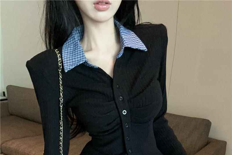 Long Sleeve Collared Plaid Panel Ruched Button Top Product Image