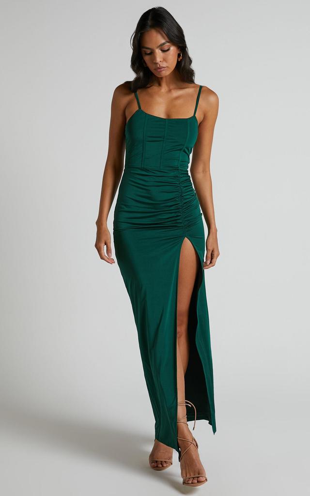 Trinah Midi Dress - Corset Thigh Split Dress in Emerald Product Image