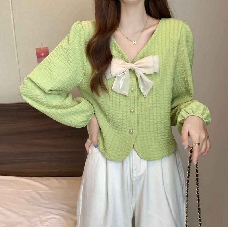 Puff-Sleeve V-Neck Plain Bow Blouse Product Image