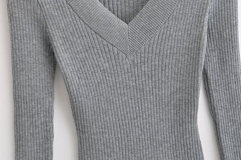 V-Neck Long Sleeve Plain Ribbed Knit Sweater Product Image