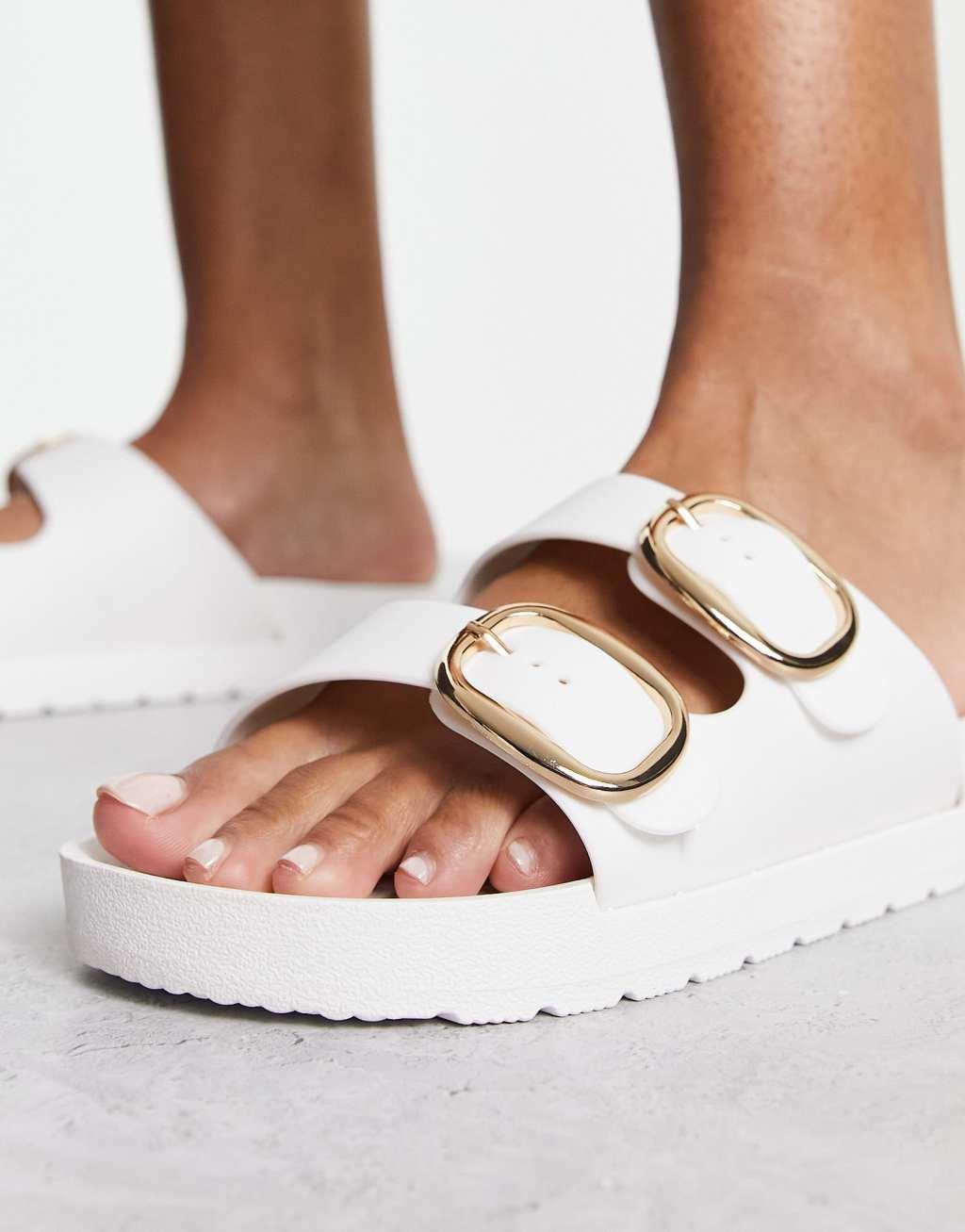 London Rebel double buckle footbed sandals in white Product Image