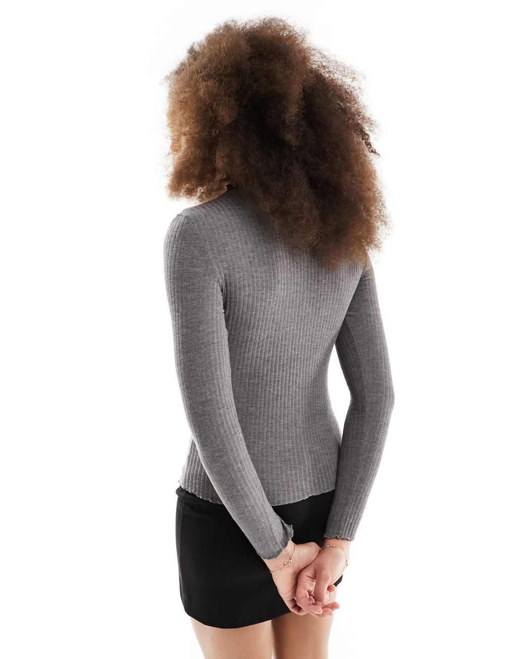 Only lettuce edge high neck ribbed top in dark gray melange  Product Image