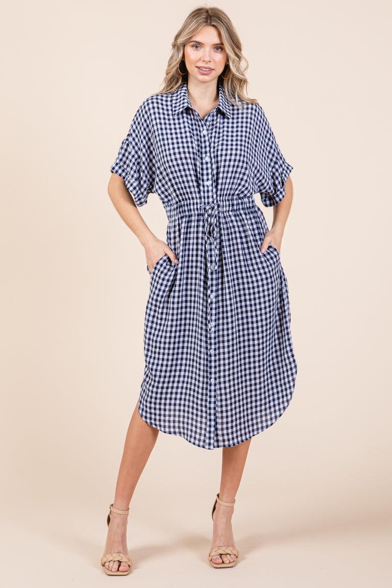 Plaid Short Sleeve Waist Tie Collared Shirt Dress Product Image