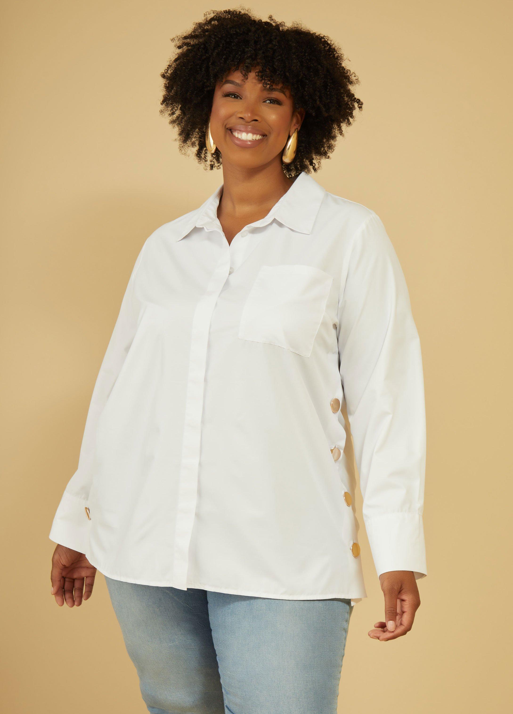 Plus Size Button Detailed Poplin Shirt Ashley Stewart product image