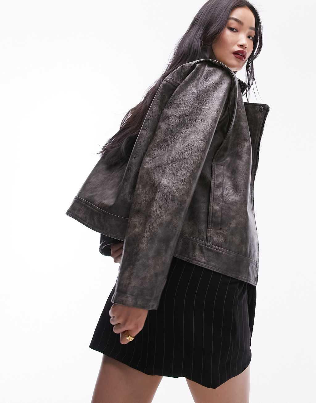 Topshop faux leather washed biker jacket in gray Product Image