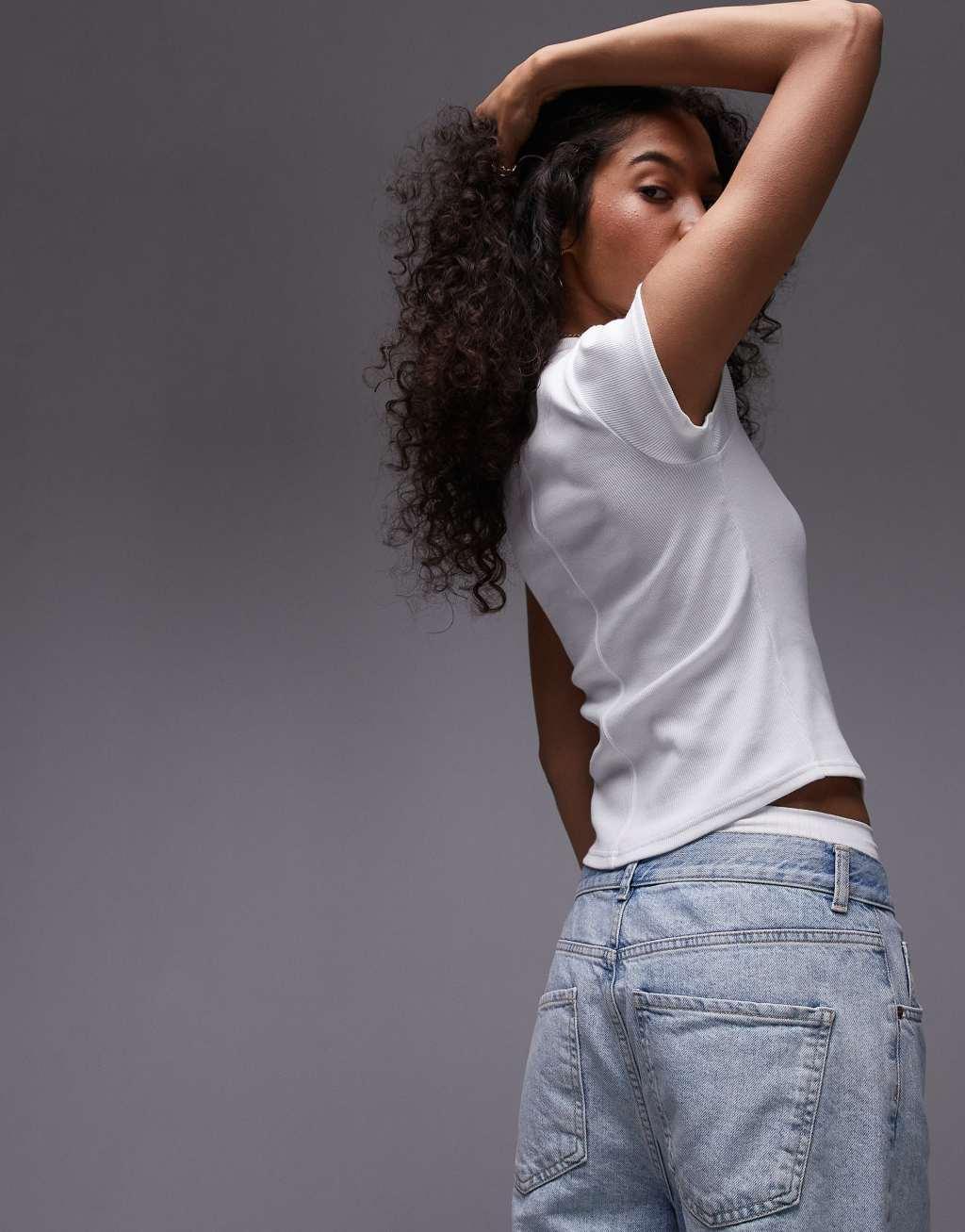 Topshop rib curve hem fitted tee in white Product Image