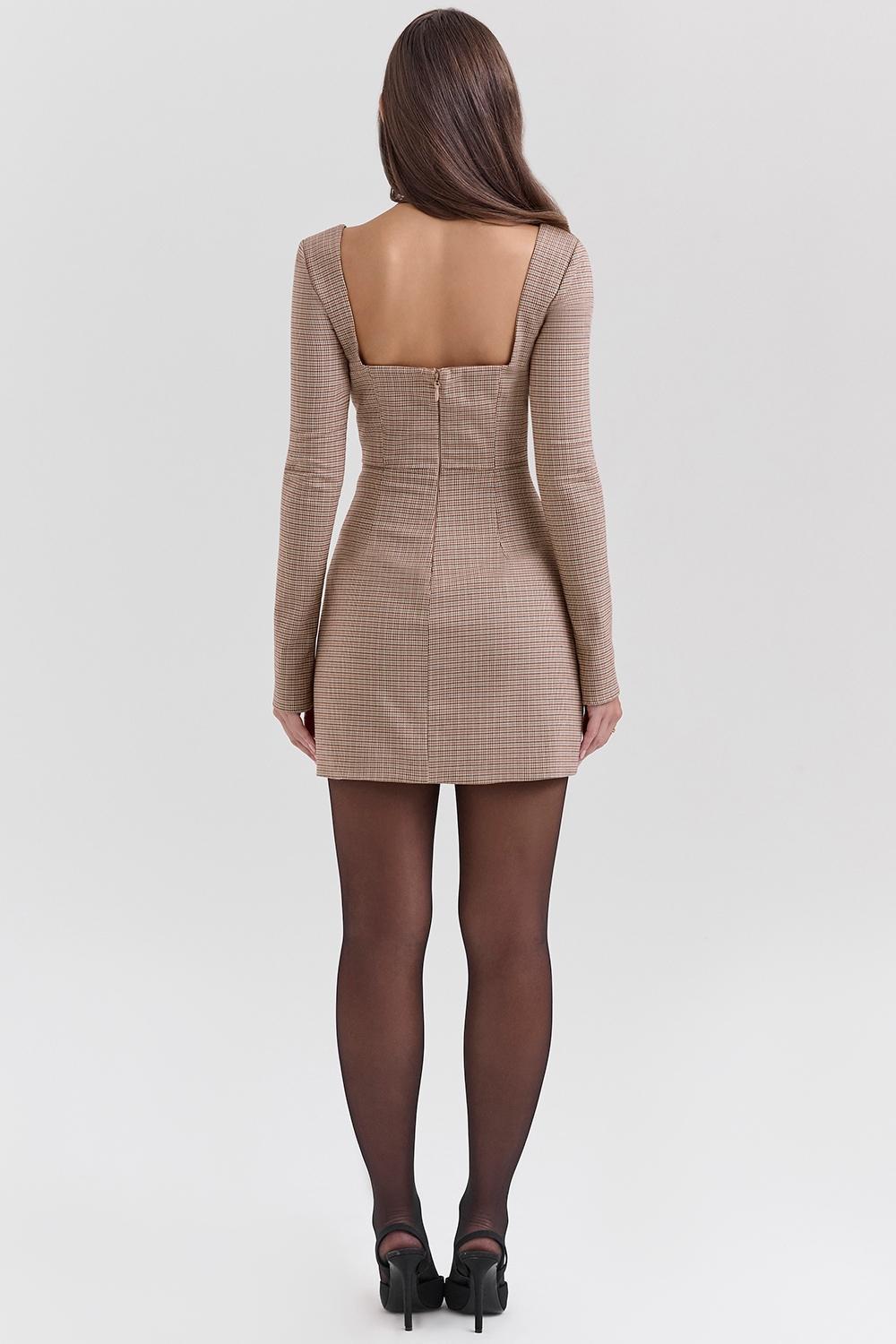 Angelie Brown Puppytooth Check Plunge Mini Dress Product Image