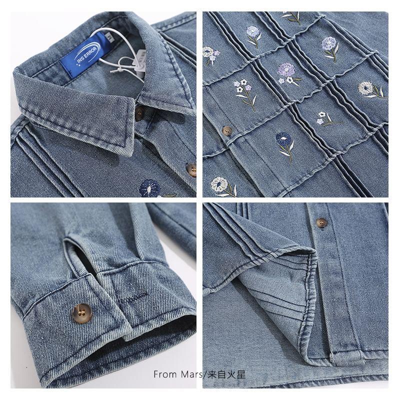 Collared Embroidered Floral Button Up Denim Shirt Product Image