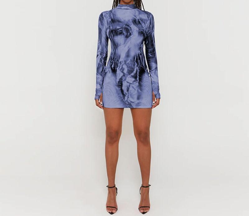 Long-Sleeve Mock Neck Tie Dye Mini Sheath Dress Product Image