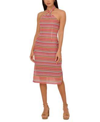 Adrianna by Adrianna Papell Womens Crochet Stripe Halter Sleeveless Sheath Dress Product Image