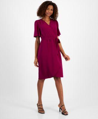 Petite Surplice-Neck Faux-Wrap Flutter-Sleeve Dress Product Image