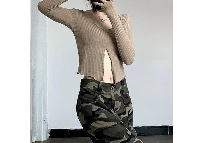 Long-Sleeve Scoop Neck Plain Lettuce Trim Crop Knit Top Product Image