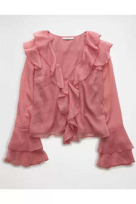 AE Long-Sleeve Chiffon Ruffle Blouse Womens Product Image