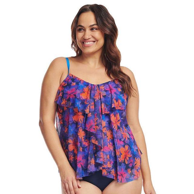 Plus Size Mazu Sea Breeze Paisley Draped Tier Mesh Tankini Swim Top, Womens Product Image