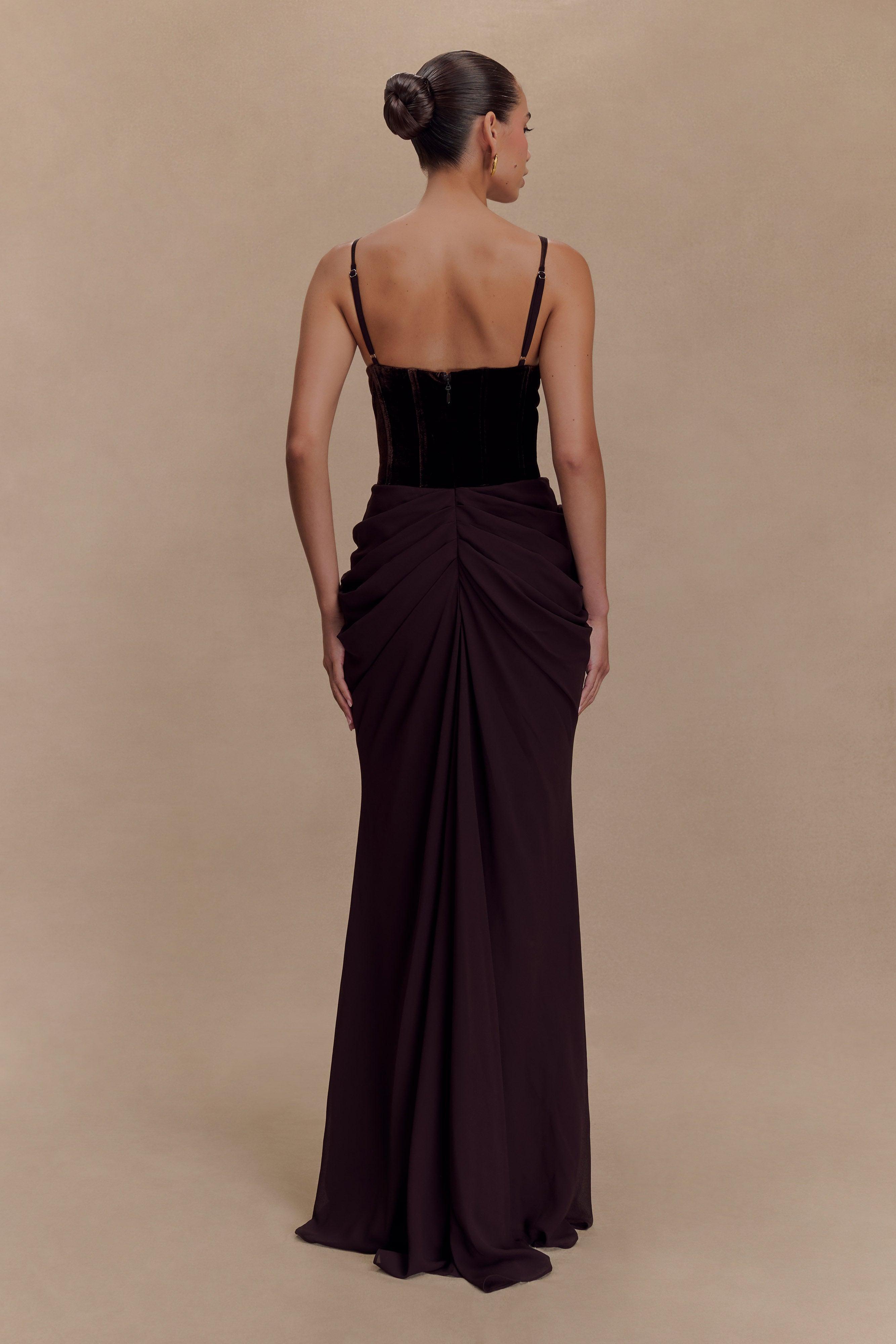 Roxanne Velvet Corset Maxi Dress - Cacao Brown Product Image