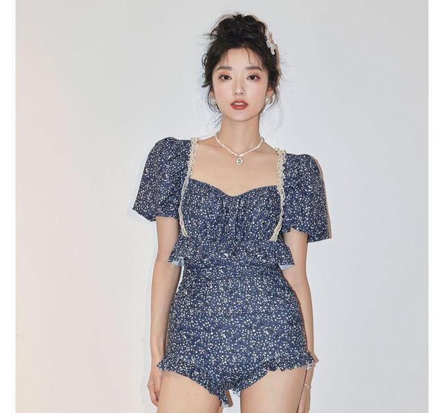 Short-Sleeve Floral Ruffle Swimsuit Product Image