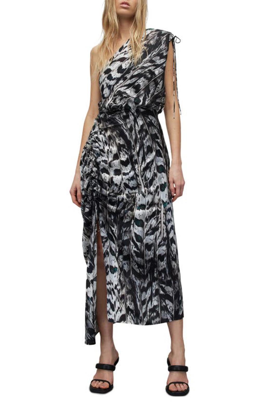 Laura Ines Print One-shoulder Midi Dress In White Mono product image