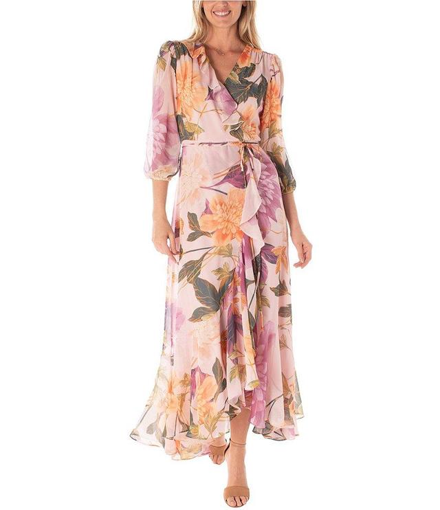 Maison Tara 3/4 Sleeve V-Neck Floral Chiffon Faux Wrap Maxi Dress Product Image