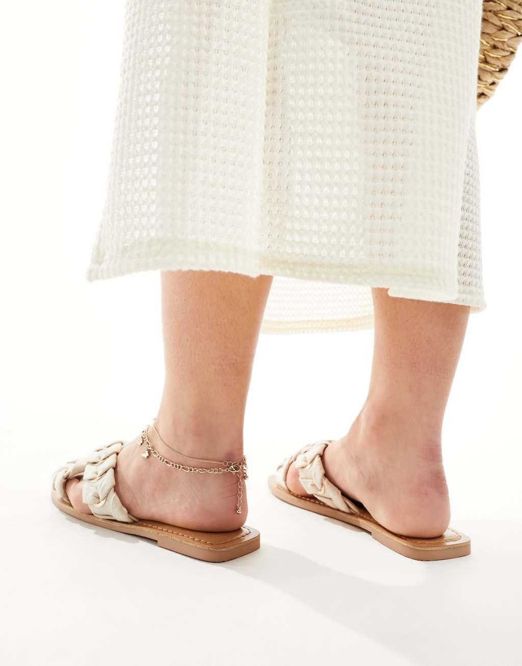 ASOS DESIGN Wide Fit Freya plaited cross-strap flat sandals in Naturals Product Image